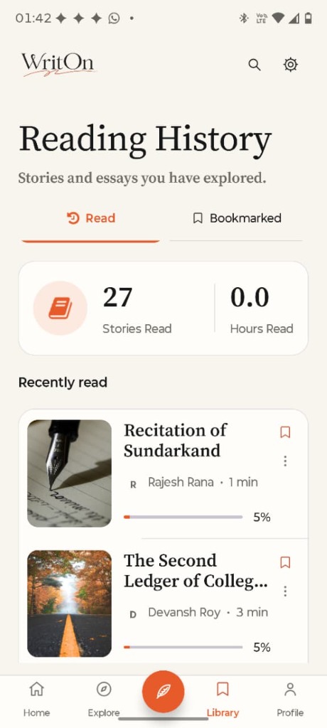 WritOn reading history preview